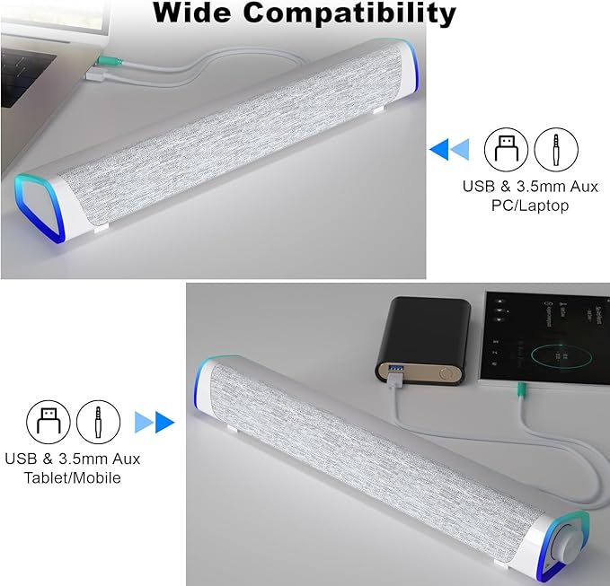 SOULION R30 Computer Speakers, USB Powered 3.5mm AUX Small PC Speaker, Colorful LED Lights with Switch Button, Surround Sound Bar Speaker for Desktop Laptop White