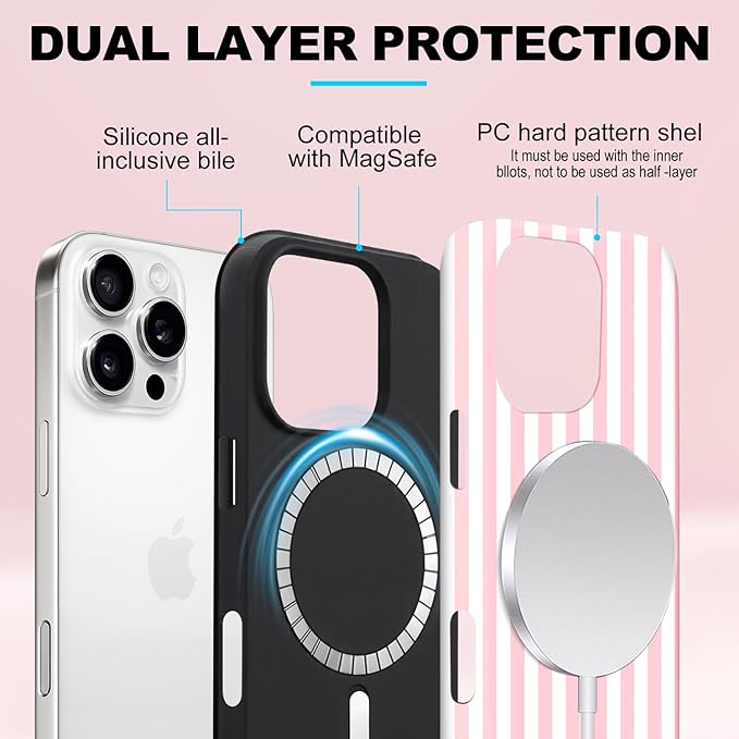Magnetic for iPhone 15 Plus Case Cute Stripes Phone Case, Shockproof Slim TPU and Hard PC Protective Phone Cover Compatible with MagSafe Designed for Women Girls, Pink and White