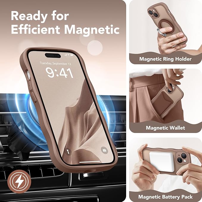 CAPRARO Cute for iPhone 15 Plus Case, Compatible with MagSafe, [Curly Wave Edge] [Full Camera Protection] [14 FT Drop Protection] Magnetic Phone Case for 15 Plus 6.7 Inch, Brown