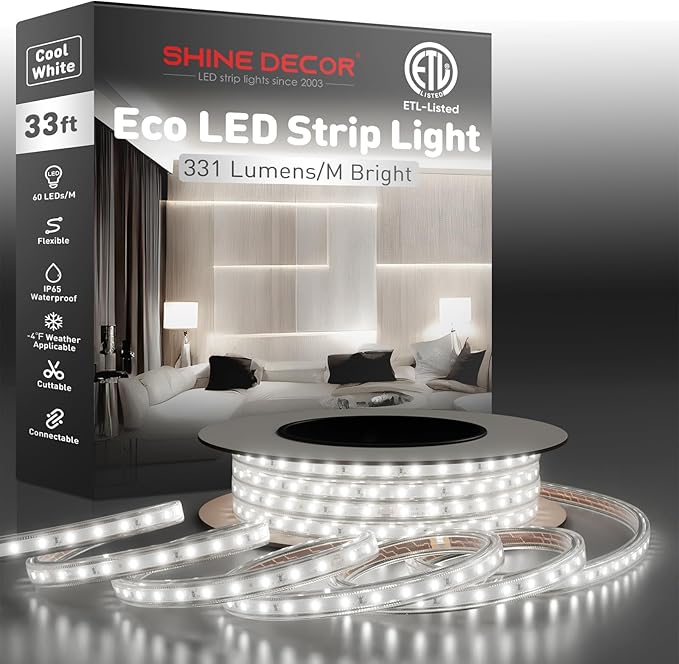 Shine Decor LED Strip Light Easy Connectable, 6000K Cool White Cold Resist Weatherproof Plug-in for Indoor Outdoor, 101 LM/FT Dimmable Bright Eco Rope Lighting 32FT, 120V Whole Set ETL Listed