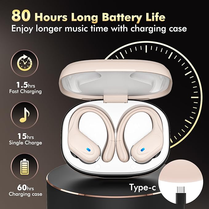 HAOYUYAN Wireless Earbuds, Sports Bluetooth Headphones, 80Hrs Playtime Ear Buds with LED Power Display, Noise Canceling Headset, IPX7 Waterproof Earphones for Workout/Running (Camel)