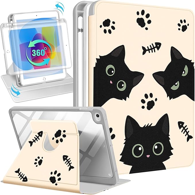 Uppuppy for iPad mini 4 Case for iPad mini 5th Generation Case - 360 Rotating Stand Folio Smart Cover with Pencil Holder for Women Girls, Black Cats for Apple Tablet Mini 7.9 inch 2019/2015