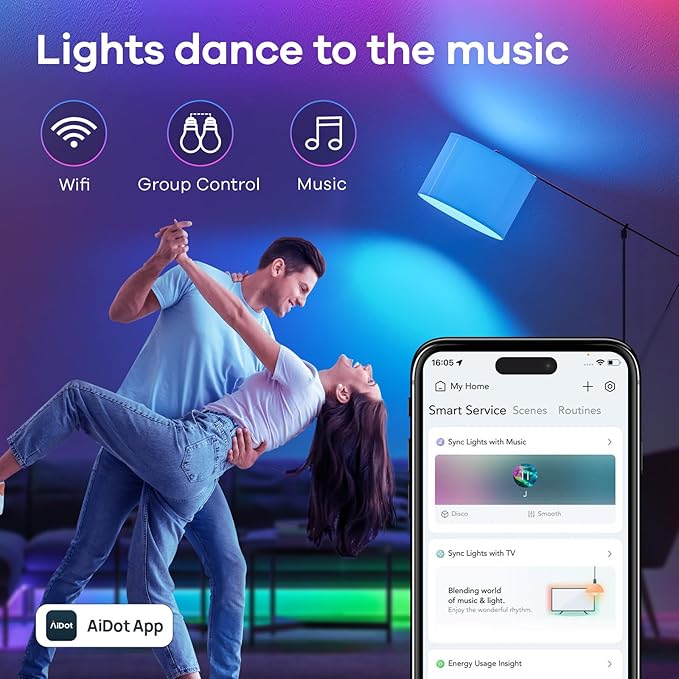 Linkind Matter Smart Light Bulb, WiFi Smart Bulbs, Work with Apple Home, Siri, Alexa, Google, SmartThings, RGBTW Color Changing Bulbs Mood Lighting, Music Sync, A19 E26 60W, 2.4Ghz WiFi 6 Pack
