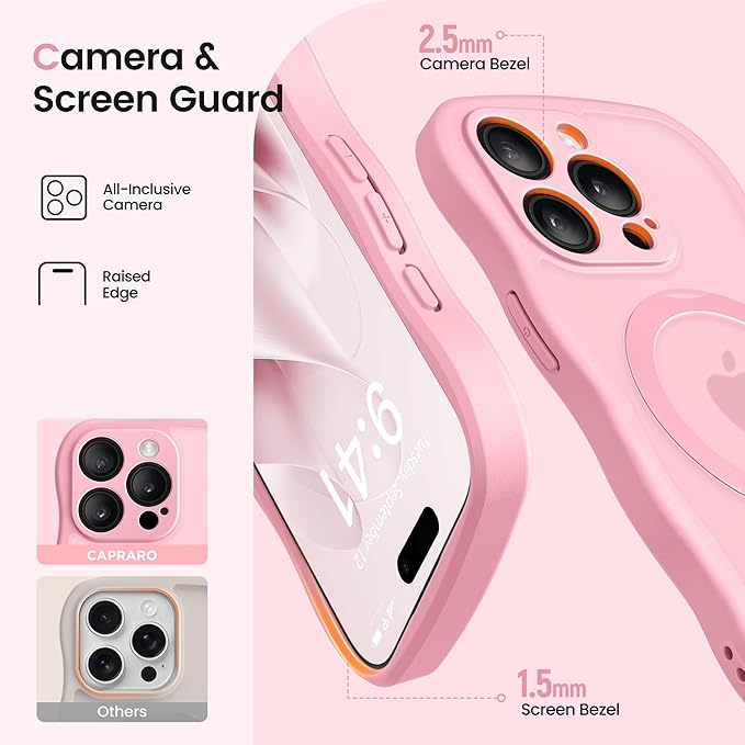 CAPRARO for iPhone 15 Pro Max Case with 360° Spin Magnetic Stand for Women, [Compatible with MagSafe] [Full Camera Protection] Cute Wave Translucent Matte Case for iPhone 15 Pro Max, Peach Pink
