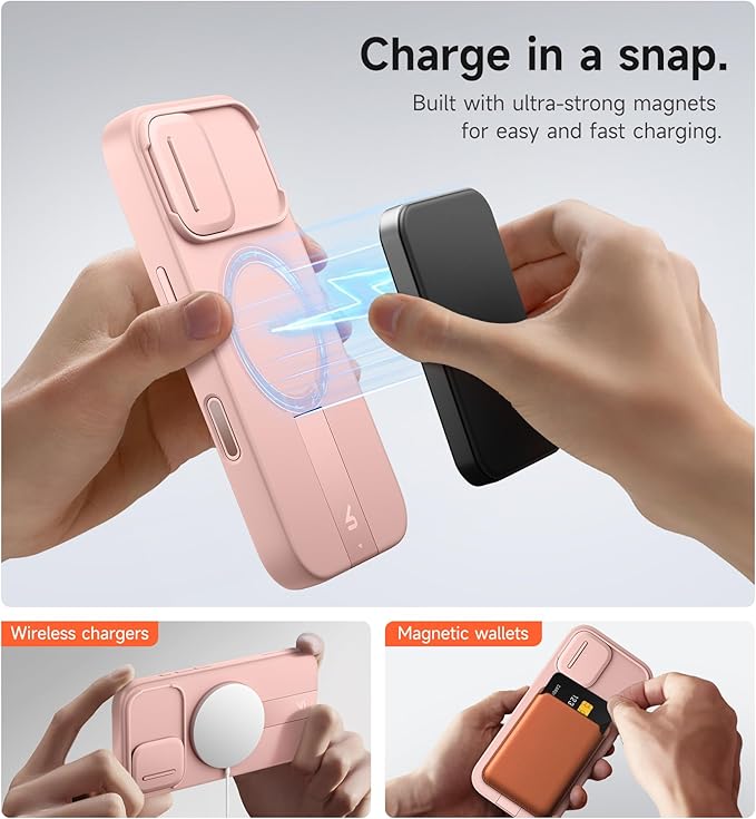 SURITCH for iPhone 17 Case with Camera Control Cover, Camera Slide Cover and Adjustable Kickstand, Compatible with MagSafe, Shockproof Bumper Protective Cases 6.3 Inch, Pink