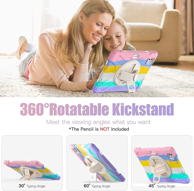 BRAECNstock Kids Case for Apple iPad Pro 11 inch M5 2025/ M4 2024, Shockproof Protective with Pencil Holder, 360° Rotating Hand Strap & Stand, Shoulder Strap for iPad Pro 11 M5/M4, Colorful Pink