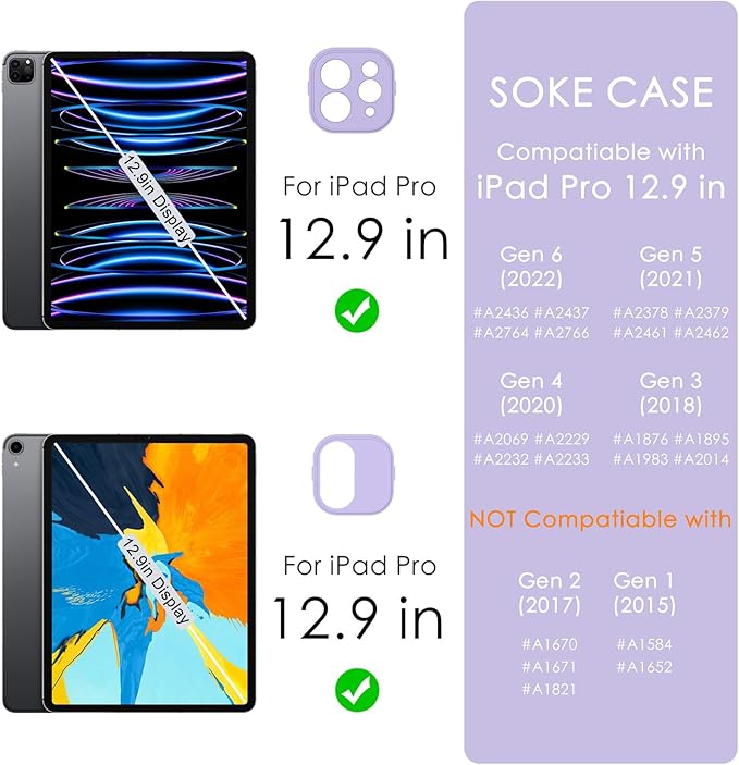Soke Case for iPad Pro 12.9 Inch (6th/5th/4th/3rd Generation, 2022/2021/2020/2018) - Pencil Holder + Auto Sleep/Wake + Camera Protection, Transparent Shockproof Back Cover,Gray Purple
