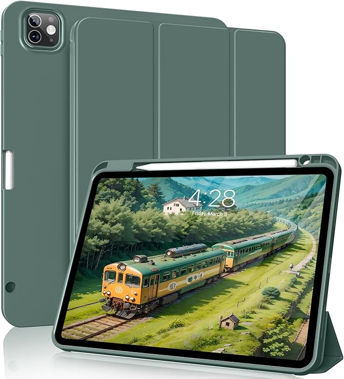 for iPad Pro 12.9 Case (6th/5th/4th/3rd Generation 2022/2021/2020) & ipad Air 13 inch case (M3 2025/M2 2024) with Pencil Holder, Smart Slim Trifold Stand Case with Soft TPU Back (Dark Green)