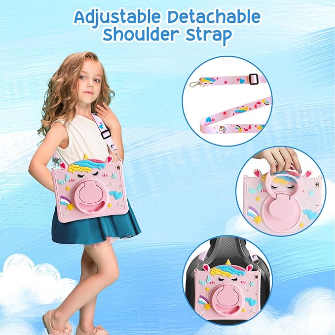 Kids Case for Apple iPad A16 11" 11th 10th Gen 10.9" 2025 2022, Cute Design EVA Kickstand Heavy Duty Shockproof Kids Friendly Bumper Case with Shoulder Strap Cover for iPad 11th 10th Gen, Pink Unicorn