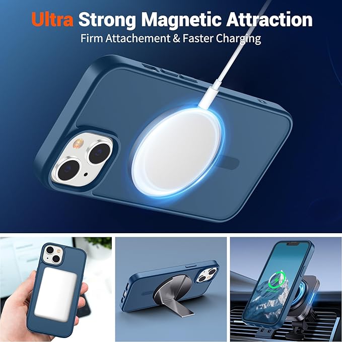 SUPFINE Magnetic for iPhone 14 Case & iPhone 13 Case (Compatible with MagSafe) (Military Grade Drop Protection) Translucent Matte Shockproof Phone Cover,Deep Blue