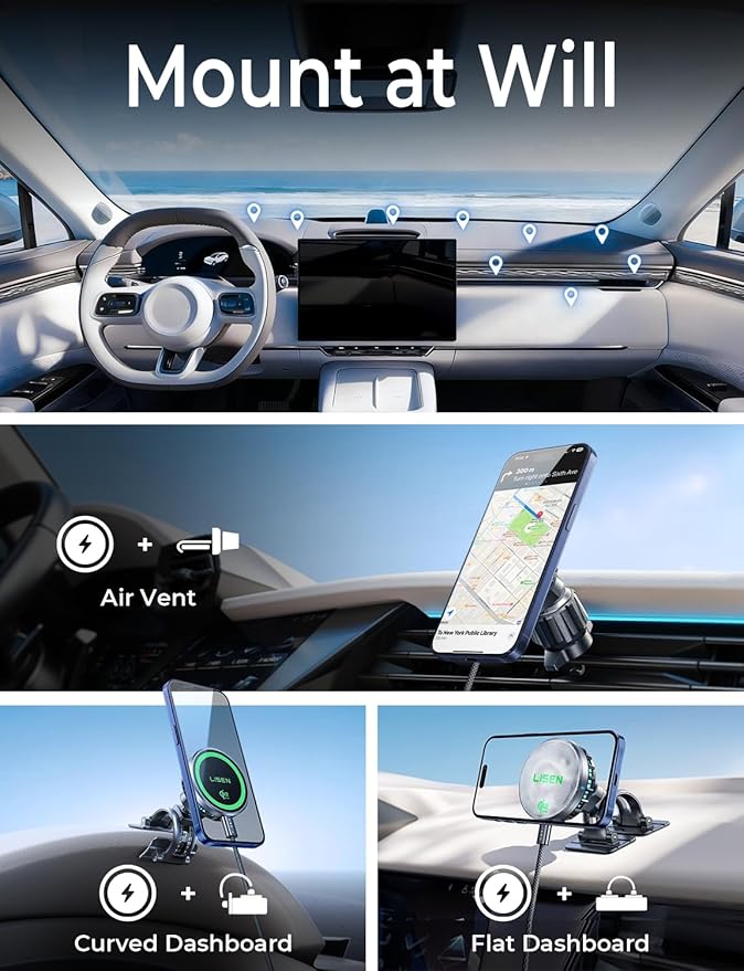 LISEN Qi2.2 25W MagSafe Car Mount Charger [2026 Upgraded with TEC Cooling] Qi2.2 25W Wireless Car Charger Magnetic Car Phone Holder Charger for iPhone 17/16/15/14/13/12,Samsung S26/S25, Vent