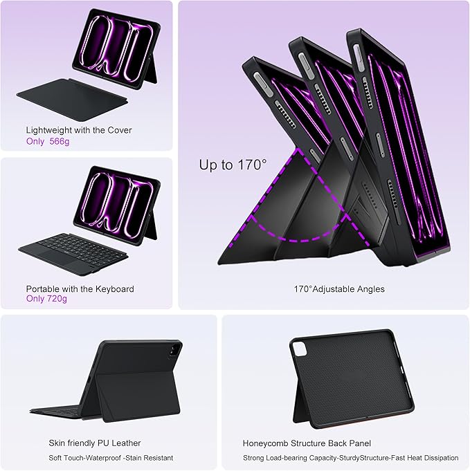 WIWU iPad Pro 13 inch Case with Keyboard M4/M5 2024/2025 Magnetic Detachable 3 in 1 Case Bluetooth Keyboard Adjustable Stand 7 Colors Backlit Keys with Trackpad (Black, iPad Pro 13"(M4/M5 2024/2025))