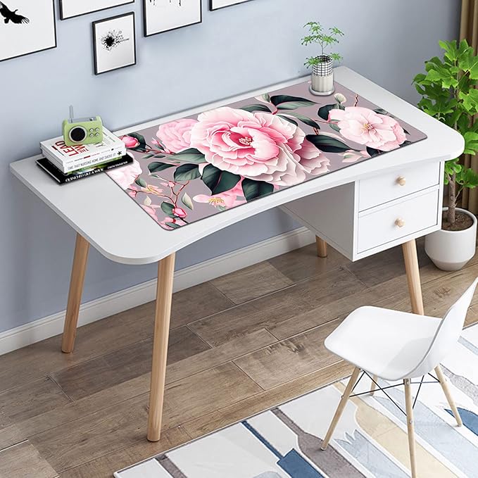 Large Mouse Pad for Desk+Coaster, Extended XL Mouse Pad 31.5x11.8 in, Mouse Pads Large with Stitched Edge, Desk Mat Keyboard Pad Non Slip Base Multi Purpose Desk Pad - Flower