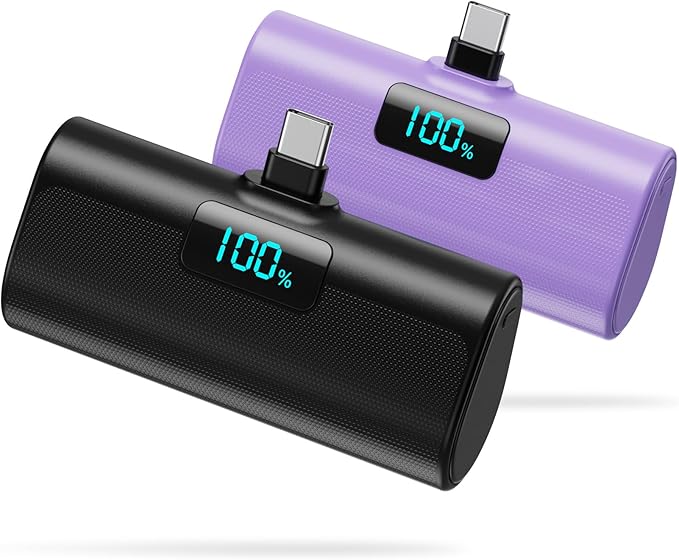 [2-Pack]Small Portable Charger 5200mAh, Upgraded PD USB C Power Bank Built-in USB-C Connector,LCD Display Battery Pack Compatible with iPhone 15/15 Plus/15 Pro/15 Pro Max/Samsung Android(Black+Purple)
