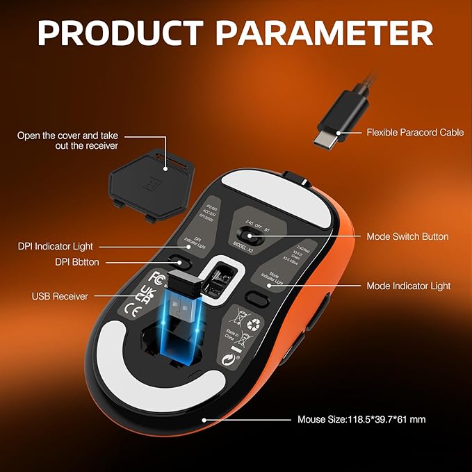 ATTACK SHARK X3 Wireless Gaming Mouse, 49g Ergonomic Computer Mouse, Triple Modes PAW3395 26K DPI Optical Sensor, 200h Battery Life, Programmable Buttons, Gaming Accessories for PC/Laptop/Mac(Orange)