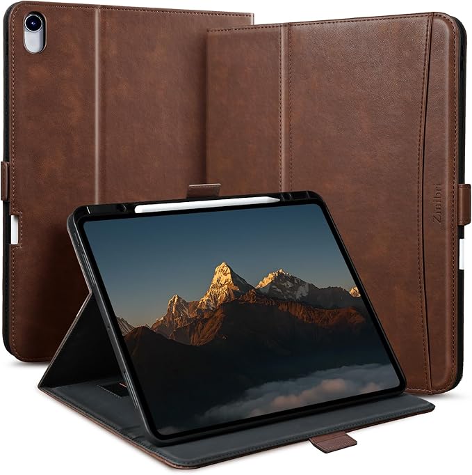 Handcrafted Case for iPad Air 13 Inch M4/M3/M2 (2026/2025/2024) with Pencil Holder & Hand Strap & Pocket,Magnetic Clasp,Multi Angles Stand,Protective Folio Cover,Auto Sleep/Wake,Dark Brown