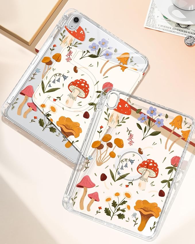 Shorogyt for iPad A16 11th Generation 11 inch 2025 /for i Pad 10th Generation case Magnetic Stand for Women - Cute Design 360 Degree Rotating Covers Girls Aesthetic with Pencil Holder,Mushroom