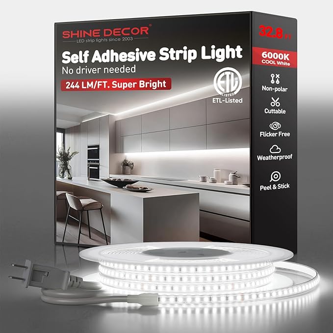 Shine Decor LED Strip Light Super Bright 8000LM, Plug&Play 120V Driverless Easy Wiring, Flicker Free Weatherproof for Outdoor Indoor, Min. 3.9” Cuttable Stickable, 6000K Cool White 32FT ETL Listed