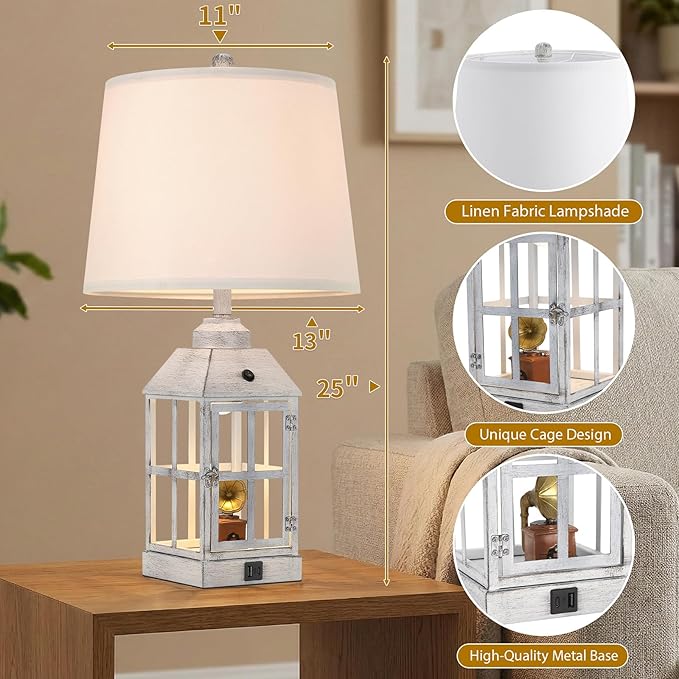 25" Farmhouse Table Lamp for Living Room, Table Lamps Set of 2 with USB Port and Nightlight, Rustic Table Lamp for Bedroom, Bedside Lamp for Nightstand, End Table, Home, LED Bulbs Included (White)