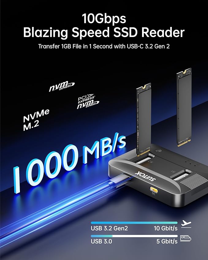 Dual-Bay NVMe M.2 SSD Reader 10Gbps USB C 3.2 Gen 2 Adapter Docking Station for 22110 2280 Gen4 PCIe Hard Drive 16TB External Enclosure Tool-Free Hot-Swap Black for PC PS5 Laptop - STK07 Lite