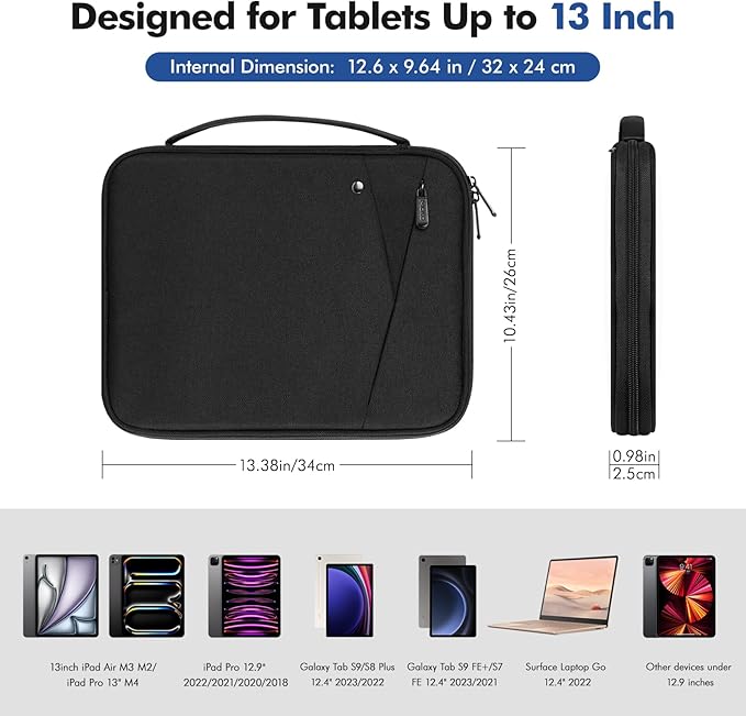 MoKo 12.9 Inch Tablet Sleeve Carrying Case with Handle, Padded Protective Travel Bag for New 13 Inch iPad Air M4 2026 & Pro M5 2025, iPad Pro 12.9 M2&M1, Galaxy Tab S9/S8 Plus 12.4", Black