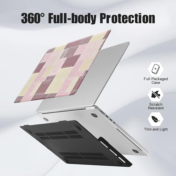 DTangLsm for M5 MacBook Pro 14 inch Case 2026-2021 M4 M3 M2 M1 A3426 A3427 A3434 A3401 A3185 A3112 A2992 A2918 A2779 A2442, Checkered Textured Leather Hard Shell Logo Cutout Case & Keyboard Cover,Pink