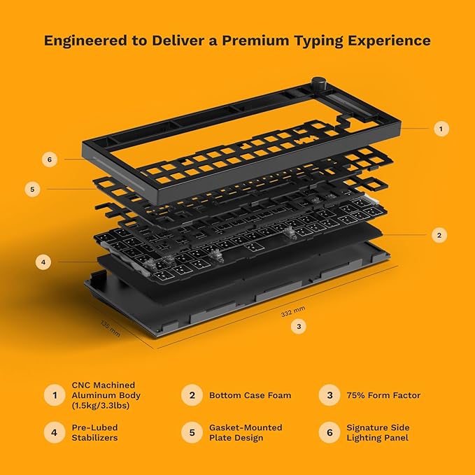 GLORIOUS Gaming GMMK PRO 75% Barebones Black (Frame Only) - Modular Mechanical Gaming Keyboard, TKL Size (75%), 3.3lb Frame, RGB, Fully Customisable, 5-Pin Switch Support