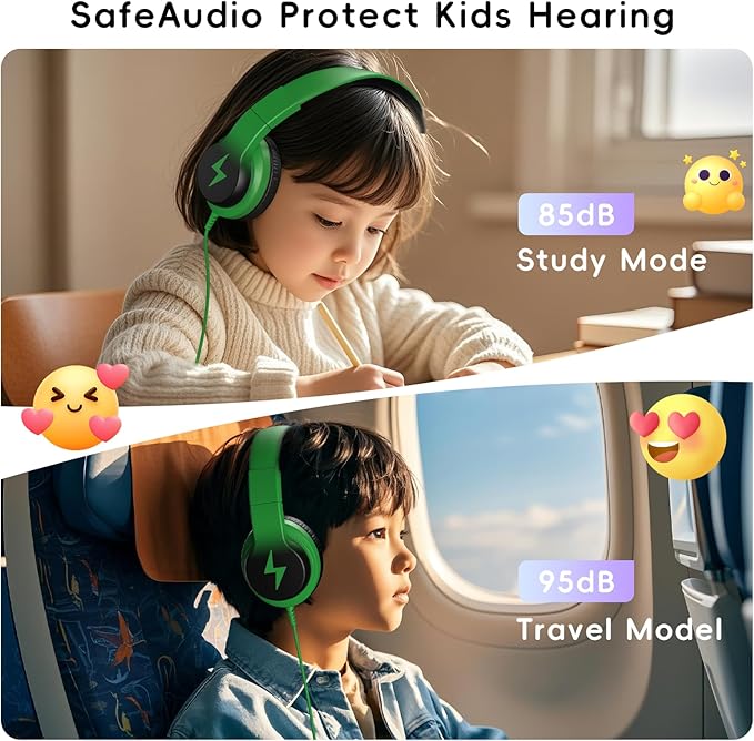 Candy Bila Kids Headphones, Wired Headphones for Kids Over Ear with Microphone, 85/94dB Volume Limiter Headphone for Girls Boys, Foldable Headphone for Learning & Entertainment, Black and Green