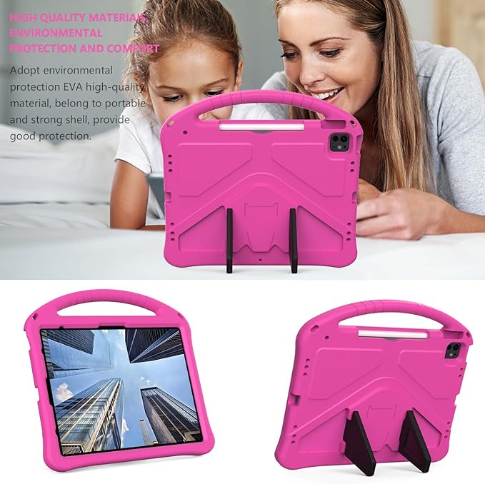 for iPad Pro 12.9 inch Kids Case 6th/5th/4th/3rd Generation (2022/2021/2020/2018) with Kickstand/Pencil Holder/Handle Stand Lightweight Soft EVA Shockproof Heavy Duty Protective Cover, Rose