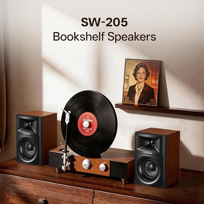 Sanyun SW205 4" 80W HiFi Bookshelf Speakers, 2.0 Active Near Field Studio Monitor, Upgraded 3D Sound Field, Flagship DAC & DSP, Geometric Diffusion Cabinet, Bluetooth 5.4/Optical/AUX, Woodgrain