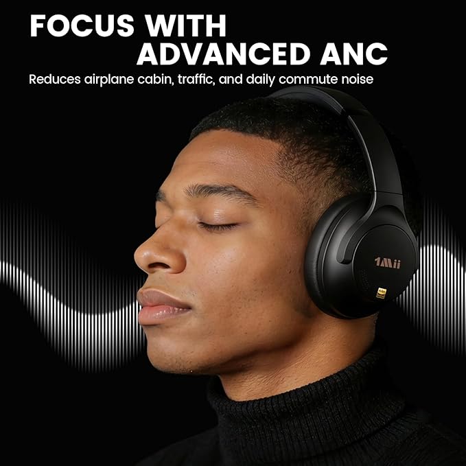 1Mii Y8 Active Noise Cancelling Headphones, Bluetooth 6.0 Headphones Wireless Over Ear, Hi-Res 75H Playtime, Volume Control, AI Voice Chat, Custom EQ via APP Comfort for Airplane & Home Office - Black