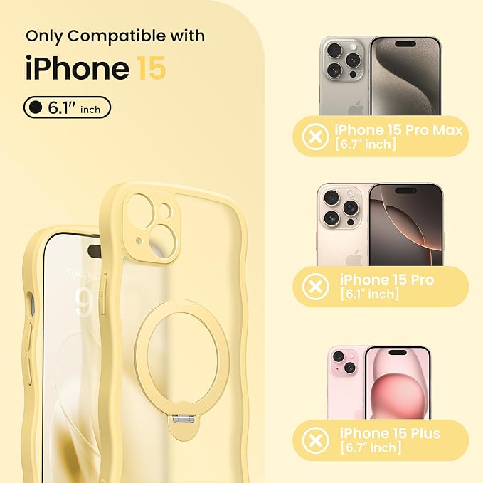 CAPRARO for iPhone 15 Case with 360° Spin Magnetic Stand for Women, [Compatible with MagSafe] [Full Camera Protection] Cute Wave Translucent Matte Case for iPhone 15, Jasmine Yellow