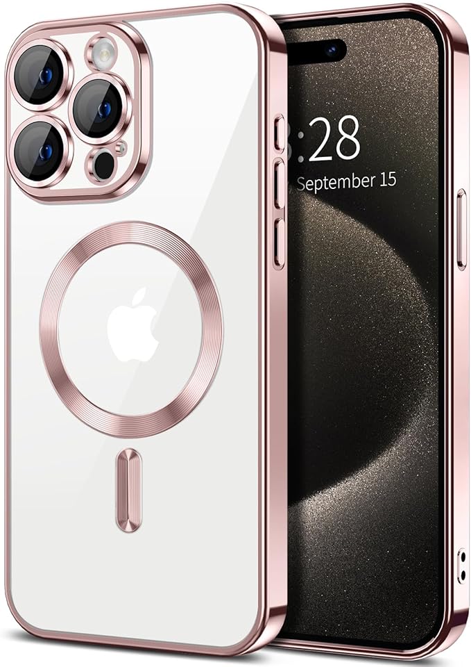 Hython Magnetic Clear for iPhone 15 Pro Max Case with Camera Lens Protector [Compatible with MagSafe] Plating Edge Slim Soft TPU Cover Protective Phone Case for iPhone 15 Pro Max 6.7", Pink