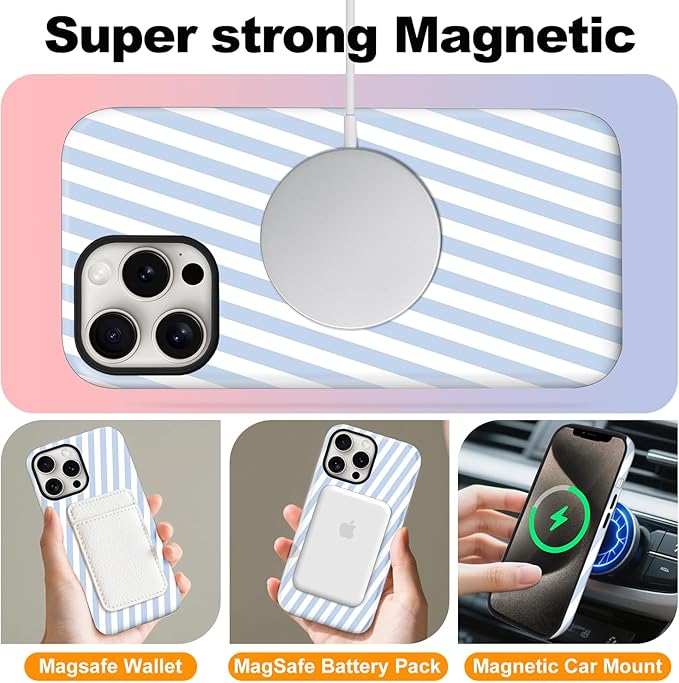 Magnetic for iPhone 15 Pro Case Cute Diagonal Stripes Phone Case, Shockproof Slim TPU and Hard PC Protective Phone Cover Compatible with MagSafe Designed for Women Girls,Blue