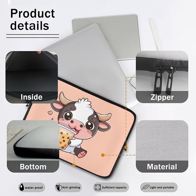 Cute Cow Laptop Protective Sleeve for Women 13 Inch Computer Sleeve Bag Zippered Pouches with Humanize Design Lap Top Case Suitable for Travel School Office Neatly Organizers