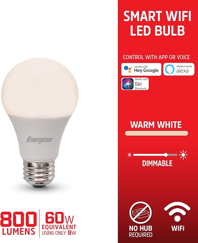 Energizer Connect Smart A19 LED Warm White Light Bulb with Voice Control and Remote Access Through Your Smartphone | Compatible with Alexa and Google Assistant