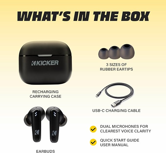 KICKER Bluetooth Earbuds TW3 Wireless Earbuds with Active Noise Cancellation, 25-Hour Battery Life, in-Ear Headphones with Dual Microphones for Clearest Voice Clarity Touch Controls