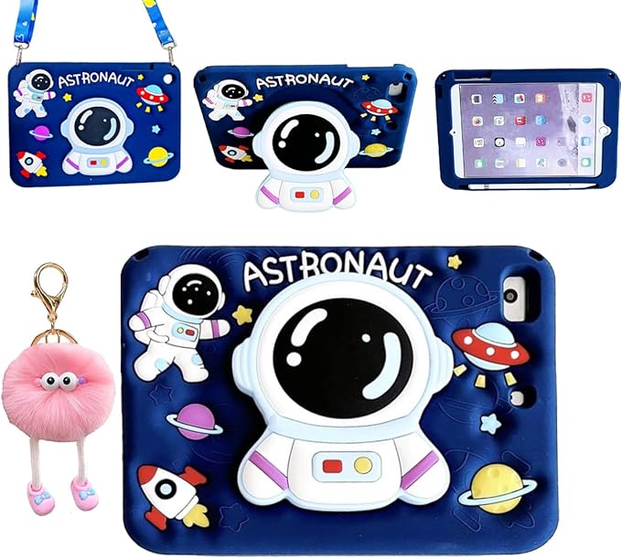 3D Cute Astronaut Case for iPad 10th Gen (2022) 10.9 inch/iPad (A16) 11th 2025 11 inch,Cartoon Pretty Space Astronaut Soft Silicone Foldable Stand Case with Lanyard for Kids Teens Girl Women