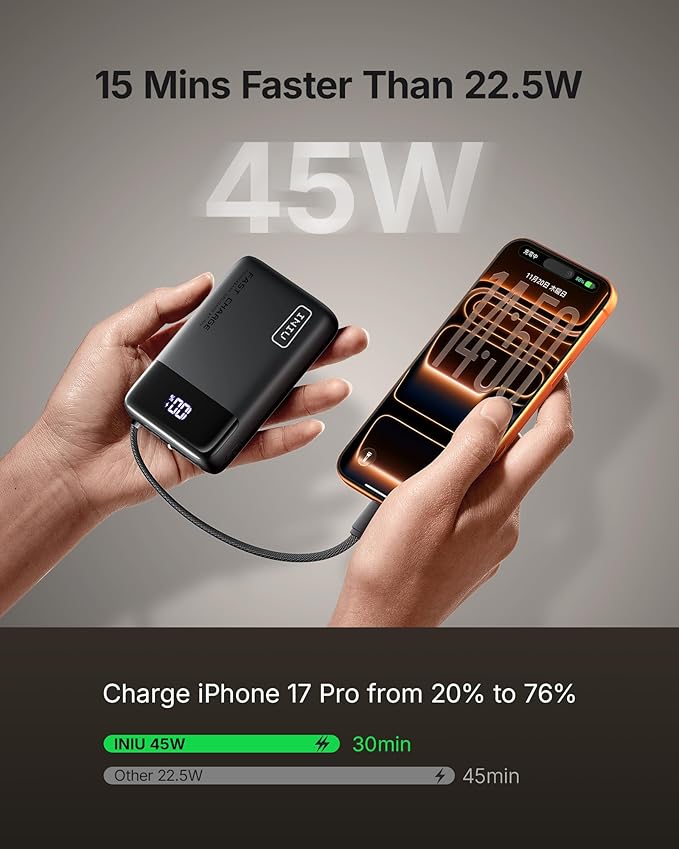INIU 20000mAh Power Bank, Smaller 45W PD Fast Charging Portable Charger, Battery Pack with Build in USB C Cable, Travel Phone Flight-Safe Powerbank for iPhone 17 16 Samsung S26 Google iPad, Black