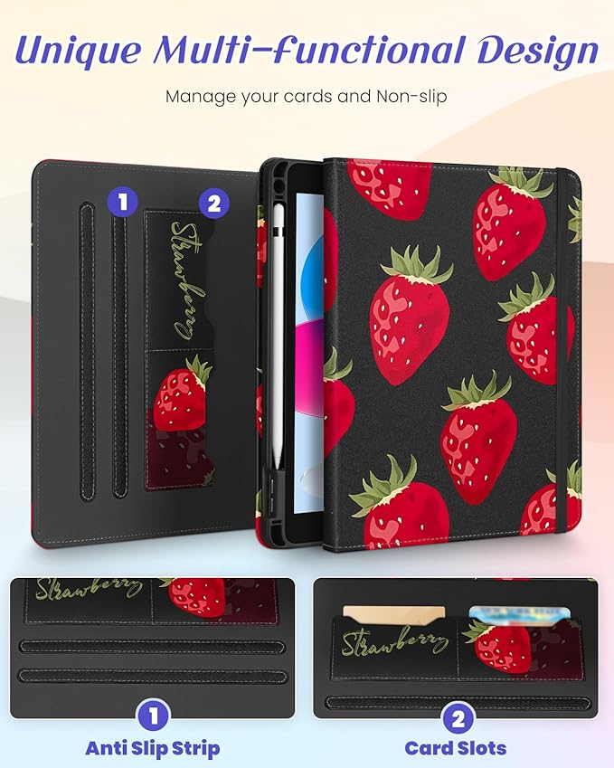 Kidcube for iPad 10th Generation Case 2022, for iPad (A16) Case 11th Generation 2025 - Women Girls Cute Rotating Stand Folio Cover with Pencil Holder & Card Slot Girly Kawaii Strawberry Design Cases