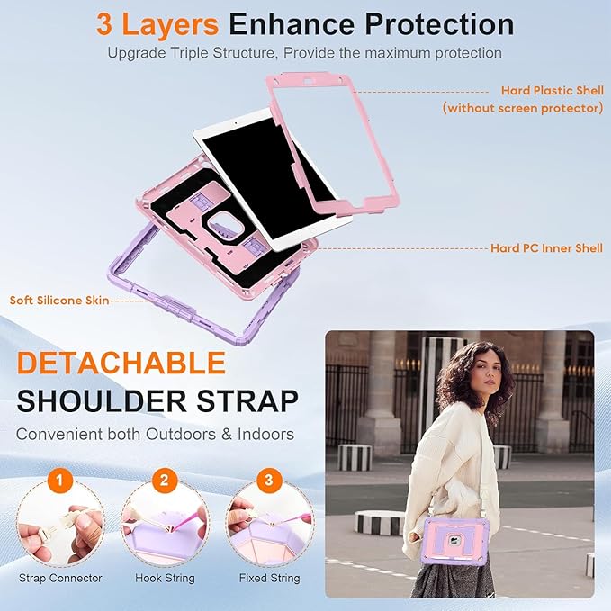 DreamerX for iPad 9th/8th/7th Generation Case (10.2 inch, 2021/2020/2019), Heavy Duty Military Grade Shockproof Protective Cover Stand Pencil Holder Shoulder Strap for iPad 9/8/7 Gen, Purple Rose Gold