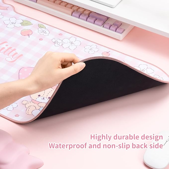 Kuitmor Kawaii Anime Mouse Pad,Non-Slip Waterproof Desk Mat for Keyboard,Durable Large Extended Gaming Mouse Pad with Bowknot Edge for Office Gaming - FlowerCat