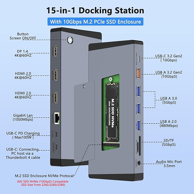 Laptop Docking Station 3 Monitors for Dell/HP/Lenovo/Mac, 15 in 1 USB C Docking Station Dual Monitor with M.2 NVMe SSD Slot, 4K@60Hz Triple Display Dock with HDMI/Displayport/PD/LAN/SD/TF/10Gbps USB
