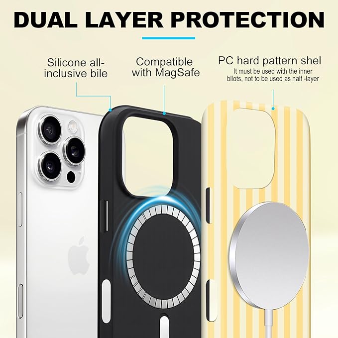Magnetic for iPhone 13 Pro Max Case Cute Stripes Phone Case, Shockproof Slim TPU and Hard PC Protective Phone Cover Compatible with MagSafe Designed for Women Girls, Yellow