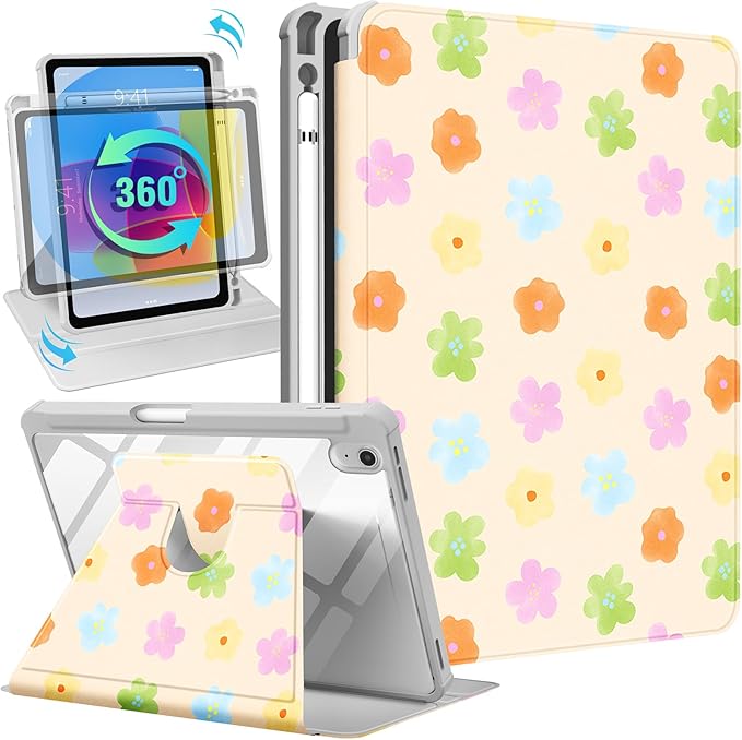Uppuppy for iPad A16 Case for iPad 10th Generation Case 10.9 inch - 360 Degree Rotating Stand Folio Smart Cover with Pencil Holder for Women Girls, Colorful Flowers for Apple 10th 2022/11th 2025