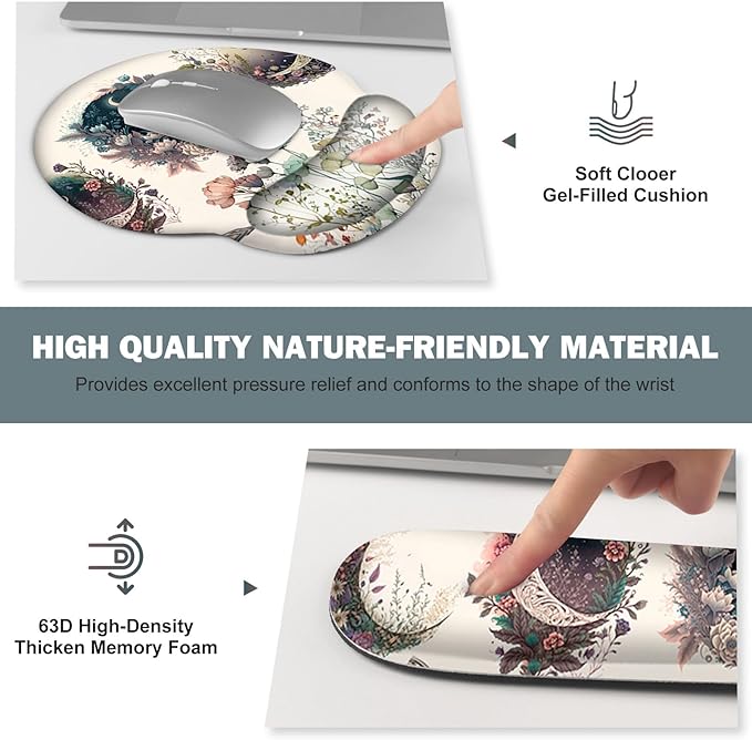 Large Desk Mat, Cute Boho Plants Mouse Pad, Apricot Desk Pad, XXL Mousepad + Keyboard Wrist Rest+Mouse Wrist Rest+Coaster Desk Pad for Girl Women Home Office Decor Aesthetics, Floar Butterfly Moon
