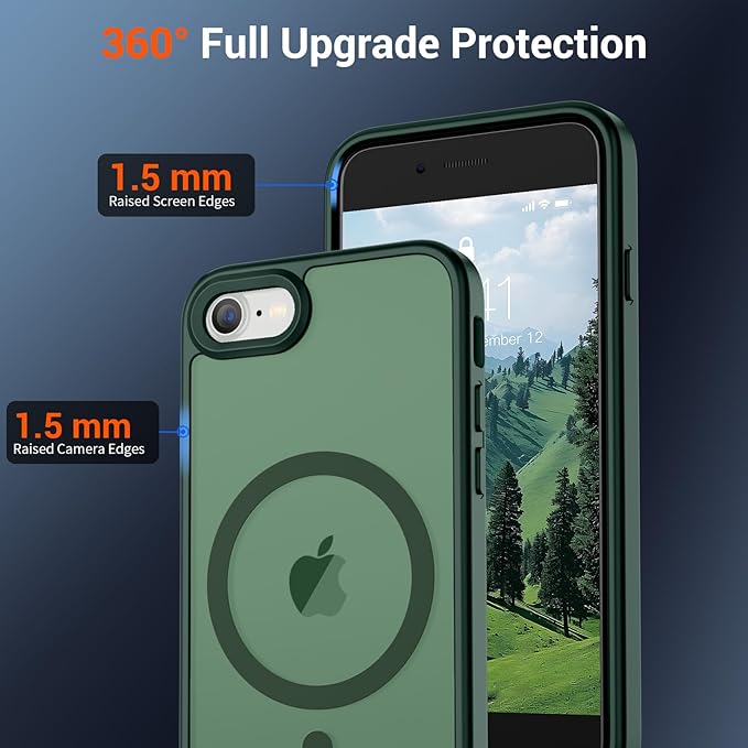 SUPFINE Magnetic for iPhone SE Case 2022 (3rd)/2020 (2nd), iPhone 8 Case (Compatible with MagSafe) (Military Grade Drop Protection) Slim Translucent Matte Phone Case, Forest Green