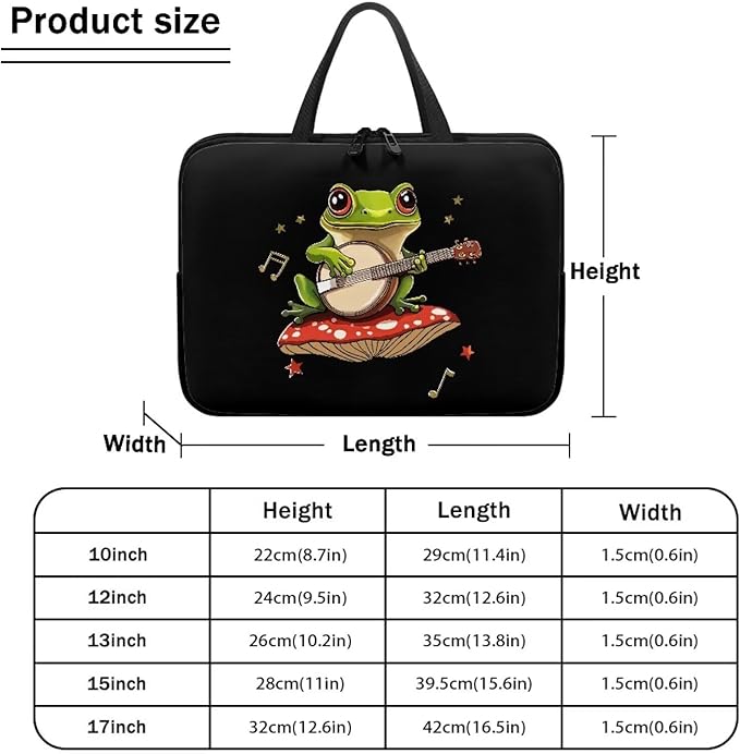 13 Inch Mushroom Frog Laptop Sleeve, Protective Tablet Case with Handle, Water Resistant Zipper Computer Carrying Bag Notebook Cover Messenger Briefcase for Travel/Business/School
