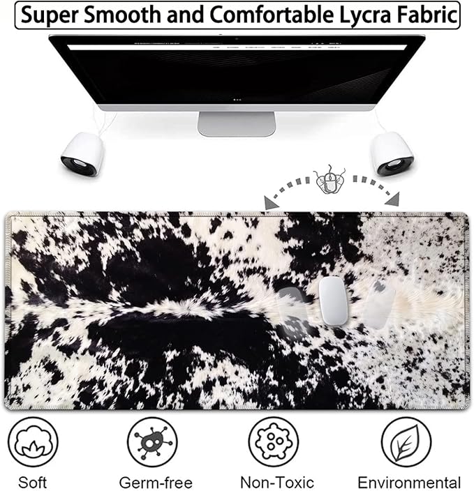 Large Gaming Mouse Pad, 31.5x11.8 in Extended Computer Mouse Mat with Non-Slip PU Base, Ergonomic Memory Foam Keyboard Wrist Rest, for Work & Gaming, Office Desk Pad Black White Cowhide Fur
