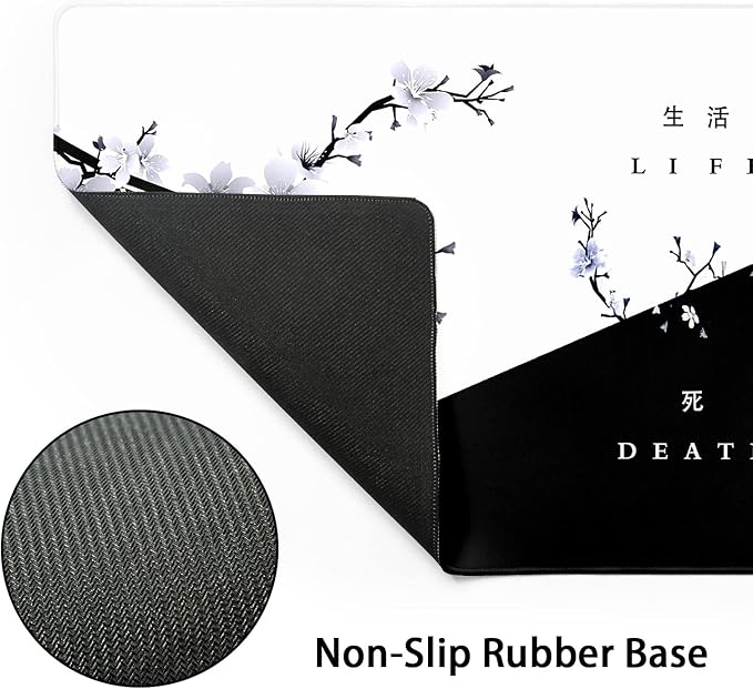 Black White Cherry Blossom Mouse Pad Japanese Sakura Death Life Flower Extended Desk Mat 90X40 CM Non-Slip Rubber Base Stitched Edge Large xxl Playmat for Gaming Laptop Computer Desktop 35.4×15.7 Inch